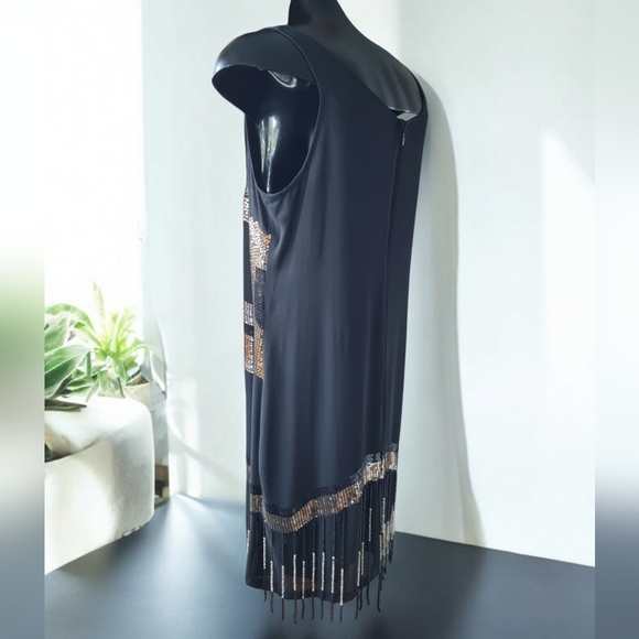 Retro 1920’s Art Deco Flapper Spangled Tasseled Sequined Black Dress Size 10 - Picture 3 of 13